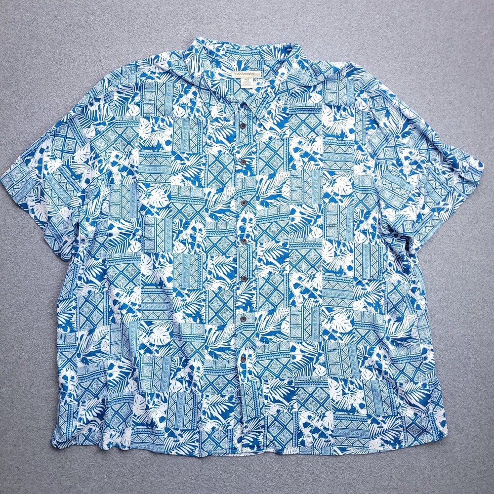 Island Passport Hawaiian Camp Shirt 4XL Rayon Tribal Geometric Blue Abstract Men